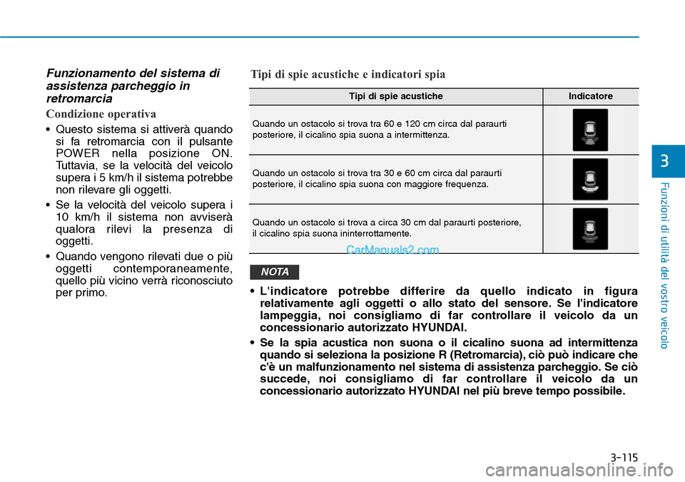 Hyundai Kona EV 2019  Manuale del proprietario (in Italian) 3-115
Funzioni di utilità del vostro veicolo
3
Funzionamento del sistema di
assistenza parcheggio in
retromarcia
Condizione operativa
• Questo sistema si attiverà quando
si fa retromarcia con il p
