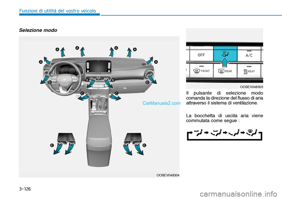 Hyundai Kona EV 2019  Manuale del proprietario (in Italian) 3-126
Funzioni di utilità del vostro veicolo
Selezione modo
Il pulsante di selezione modo
comanda la direzione del flusso di aria
attraverso il sistema di ventilazione.
La bocchetta di uscita aria vi
