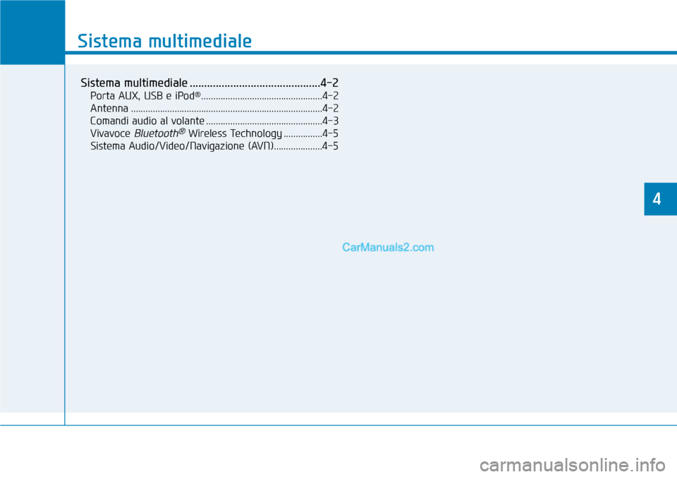 Hyundai Kona EV 2019  Manuale del proprietario (in Italian) Sistema multimediale
Sistema multimediale .............................................4-2
Porta AUX, USB e iPod®..................................................4-2
Antenna ........................