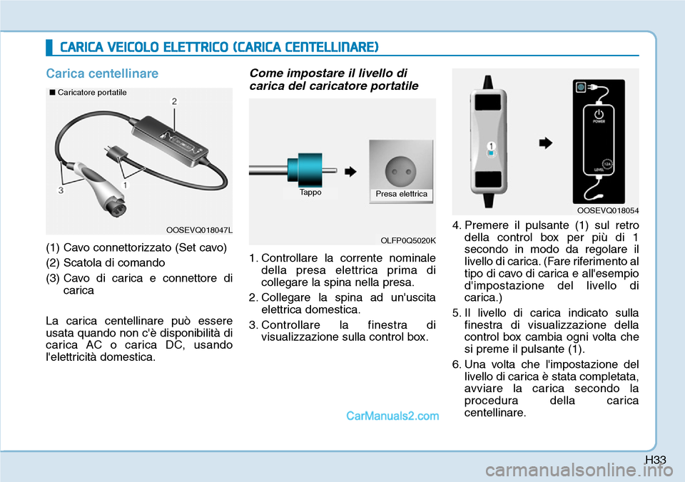 Hyundai Kona EV 2019 Manuale del proprietario (in Italian) H33
Carica centellinare
(1) Cavo connettorizzato (Set cavo)
(2) Scatola di comando
(3) Cavo di carica e connettore di
carica
La carica centellinare può essere
usata quando non cè disponibilità di
Hyundai Kona EV 2019 Manuale del proprietario (in Italian) H33
Carica centellinare
(1) Cavo connettorizzato (Set cavo)
(2) Scatola di comando
(3) Cavo di carica e connettore di
carica
La carica centellinare può essere
usata quando non cè disponibilità di