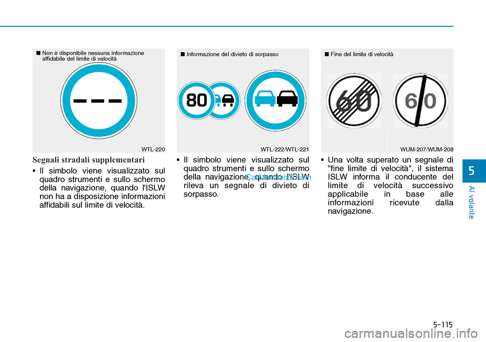 Hyundai Kona EV 2019  Manuale del proprietario (in Italian) 5-115
Al volante
5
Segnali stradali supplementari
• Il simbolo viene visualizzato sul
quadro strumenti e sullo schermo
della navigazione, quando lISLW
non ha a disposizione informazioni
affidabili 