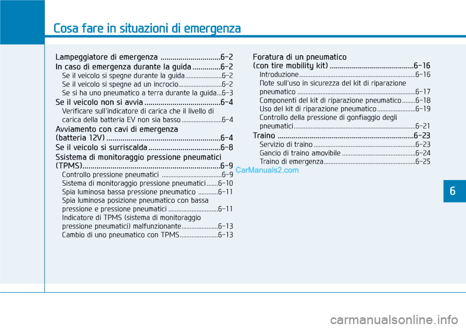 Hyundai Kona EV 2019 Manuale del proprietario (in Italian) Cosa fare in situazioni di emergenza
Lampeggiatore di emergenza ..............................6-2
In caso di emergenza durante la guida ..............6-2
Se il veicolo si spegne durante la guida...... Hyundai Kona EV 2019 Manuale del proprietario (in Italian) Cosa fare in situazioni di emergenza
Lampeggiatore di emergenza ..............................6-2
In caso di emergenza durante la guida ..............6-2
Se il veicolo si spegne durante la guida......