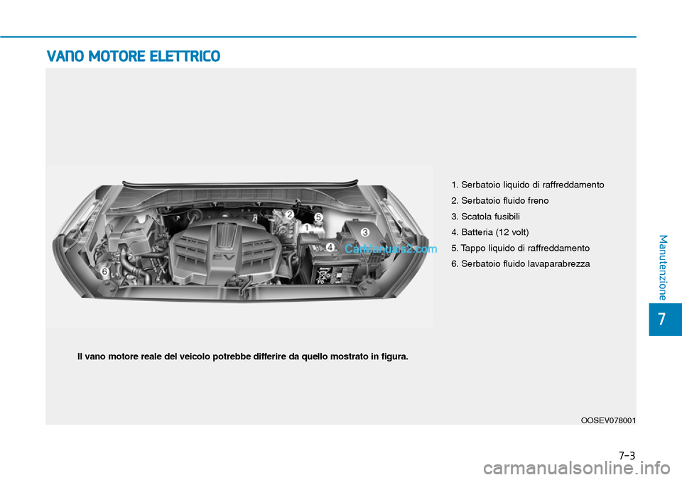 Hyundai Kona EV 2019  Manuale del proprietario (in Italian) 7-3
7
Manutenzione
VANO MOTORE ELETTRICO
1. Serbatoio liquido di raffreddamento
2. Serbatoio fluido freno
3. Scatola fusibili
4. Batteria (12 volt)
5. Tappo liquido di raffreddamento
6. Serbatoio flui