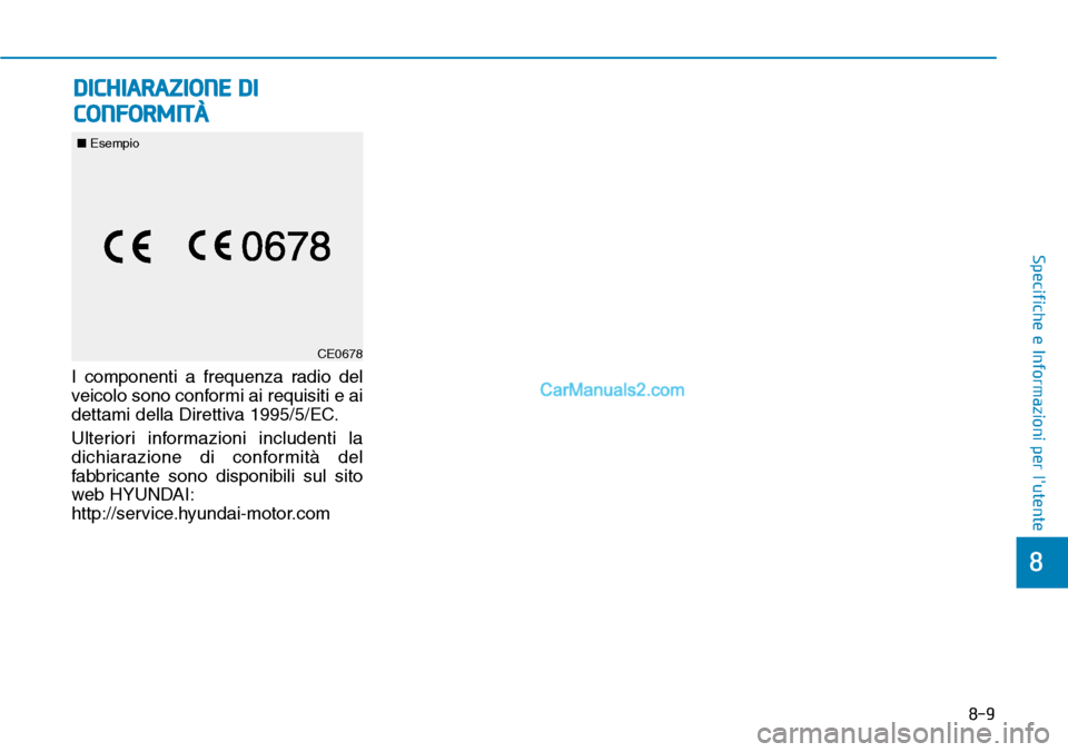 Hyundai Kona EV 2019  Manuale del proprietario (in Italian) 8-9
8
Specifiche e Informazioni per lutente
I componenti a frequenza radio del
veicolo sono conformi ai requisiti e ai
dettami della Direttiva 1995/5/EC.
Ulteriori informazioni includenti la
dichiara