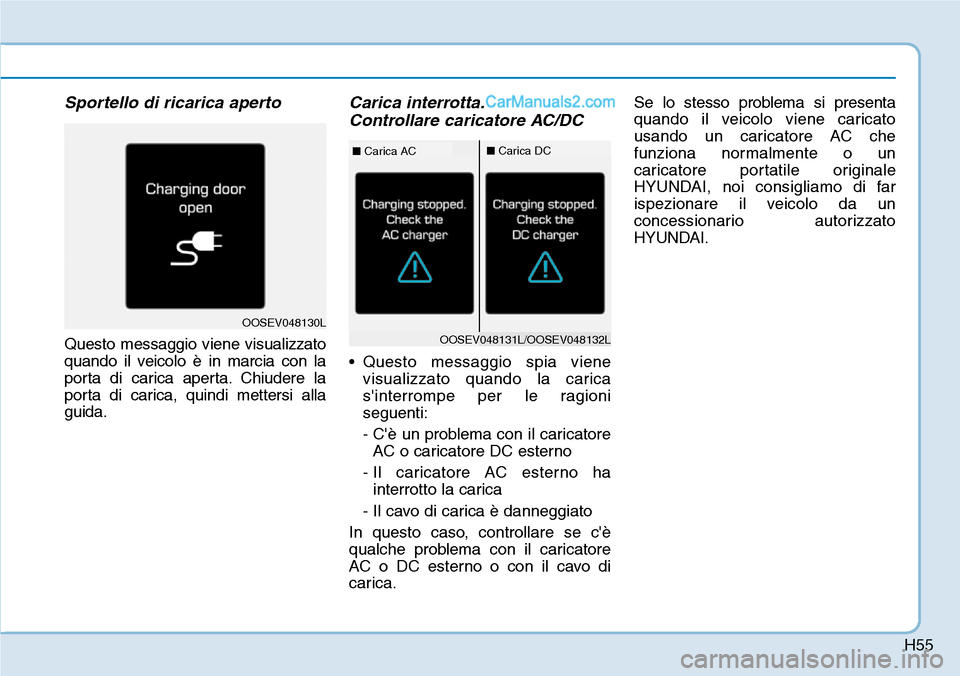 Hyundai Kona EV 2019  Manuale del proprietario (in Italian) H55
Sportello di ricarica aperto
Questo messaggio viene visualizzato
quando il veicolo è in marcia con la
porta di carica aperta. Chiudere la
porta di carica, quindi mettersi alla
guida.
Carica inter