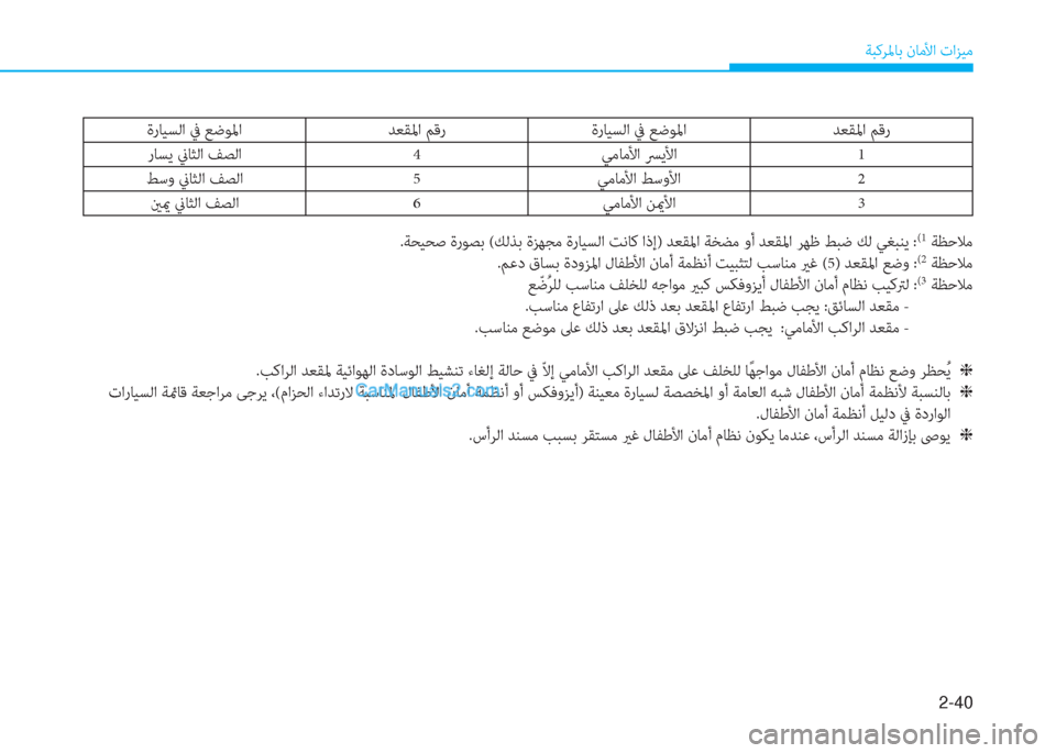Hyundai Kona EV 2019  دليل المالك 2-40
ﺔﺒﻛﺮﳌﺎﺑ نﺎﻣﻷا تاﺰﻴﻣ
ﺪﻌﻘﳌا ﻢﻗر ةرﺎﻴﺴﻟا ﰲ ﻊﺿﻮﳌا ﺪﻌﻘﳌا ﻢﻗر ةرﺎﻴﺴﻟا ﰲ ﻊﺿﻮﳌا
1 ﻲﻣﺎﻣﻷا 