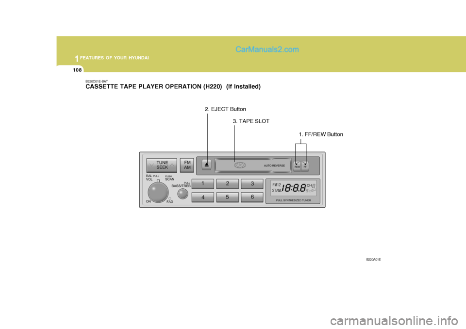 Hyundai Matrix 2007  Owners Manual 1FEATURES OF YOUR HYUNDAI
108
B220C01E-BAT CASSETTE TAPE PLAYER OPERATION (H220)  (If Installed)
B220A01E
1. FF/REW Button
2. EJECT Button
3. TAPE SLOT   