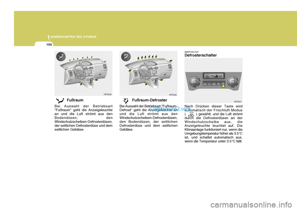 Hyundai Matrix 2007  Betriebsanleitung (in German) 1EIGENSCHAFTEN DES HYUNDAI
100
B980F02E-GAT Defrosterschalter Nach Drücken dieser Taste wird
automatisch der Frischluft-Modus (         ) gewählt, und die Luft strömt
durch die Defrosterdüsen an d