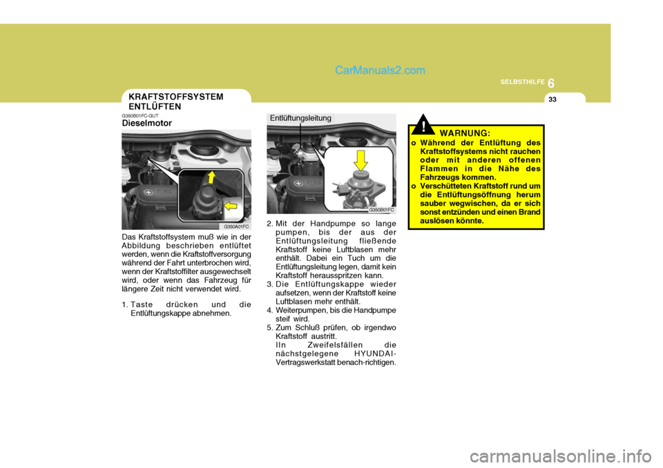 Hyundai Matrix 2007 Betriebsanleitung (in German) 6
SELBSTHILFE
33KRAFTSTOFFSYSTEM ENTLÜFTEN
G350B01FC-GUT Dieselmotor Das Kraftstoffsystem muß wie in der
Abbildung beschrieben entlüftet werden, wenn die Kraftstoffversorgung während der Fahrt unt Hyundai Matrix 2007 Betriebsanleitung (in German) 6
SELBSTHILFE
33KRAFTSTOFFSYSTEM ENTLÜFTEN
G350B01FC-GUT Dieselmotor Das Kraftstoffsystem muß wie in der
Abbildung beschrieben entlüftet werden, wenn die Kraftstoffversorgung während der Fahrt unt
