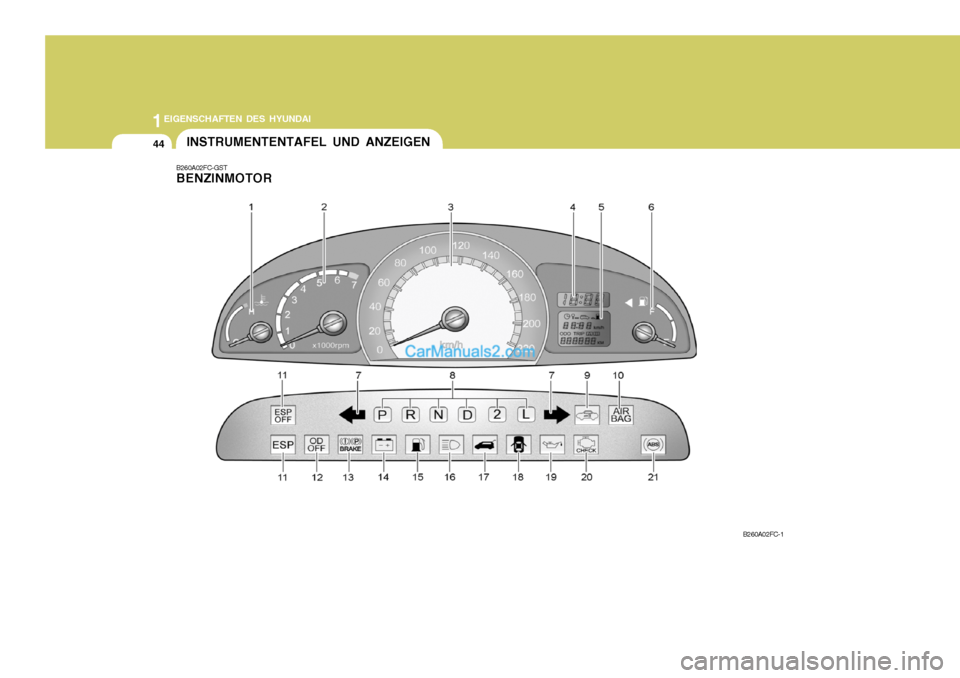 Hyundai Matrix 2007  Betriebsanleitung (in German) 1EIGENSCHAFTEN DES HYUNDAI
44INSTRUMENTENTAFEL UND ANZEIGEN
B260A02FC-GST BENZINMOTOR
B260A02FC-1   