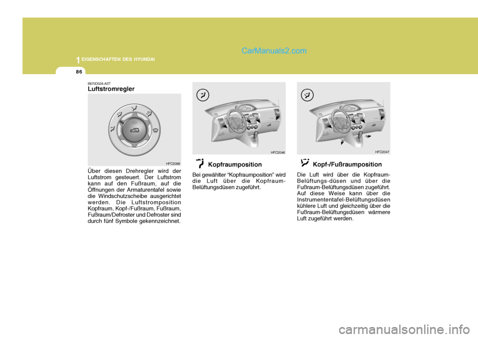 Hyundai Matrix 2007  Betriebsanleitung (in German) 1EIGENSCHAFTEN DES HYUNDAI
86
HFC2068 HFC2046         Kopfraumposition Bei gewählter “Kopfraumposition” wird die Luft über die Kopfraum- Belüftungsdüsen zugeführt.
B670D02A-AST Luftstromregle