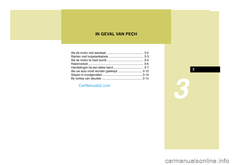 Hyundai Matrix 2007  Handleiding (in Dutch) 3
Als de motor niet aanslaat ........................................... 3-2 
Starten met hulpstartkabels ......................................... 3-3
Als de motor te heet wordt .....................