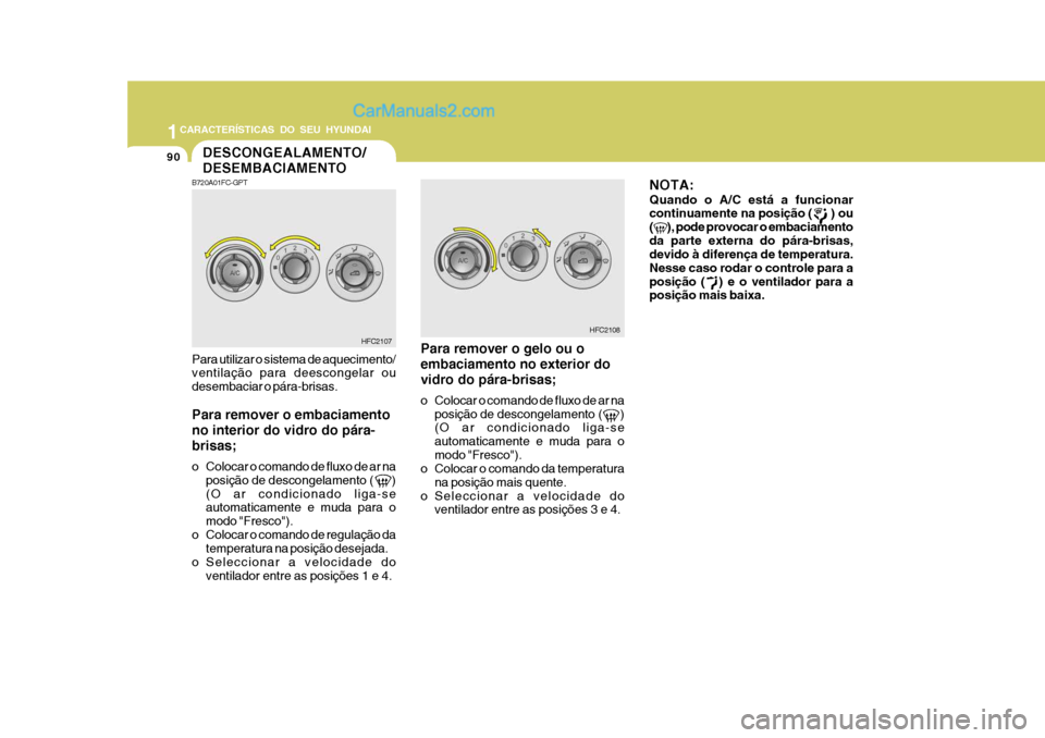 Hyundai Matrix 2007  Manual do proprietário (in Portuguese) 1CARACTERÍSTICAS DO SEU HYUNDAI
90DESCONGEALAMENTO/ DESEMBACIAMENTO
HFC2107
B720A01FC-GPT Para utilizar o sistema de aquecimento/ ventilação para deescongelar ou desembaciar o pára-brisas. Para re