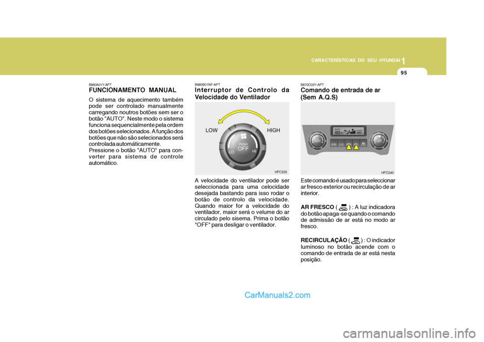 Hyundai Matrix 2007  Manual do proprietário (in Portuguese) 95
1
CARACTERÍSTICAS DO SEU HYUNDAI
95959595
B980B01NF-APT Interruptor de Controlo da Velocidade do Ventilador B670C03Y-APT Comando de entrada de ar (Sem A.Q.S)
HFC240
HFC225
B980A01Y-APT FUNCIONAMEN