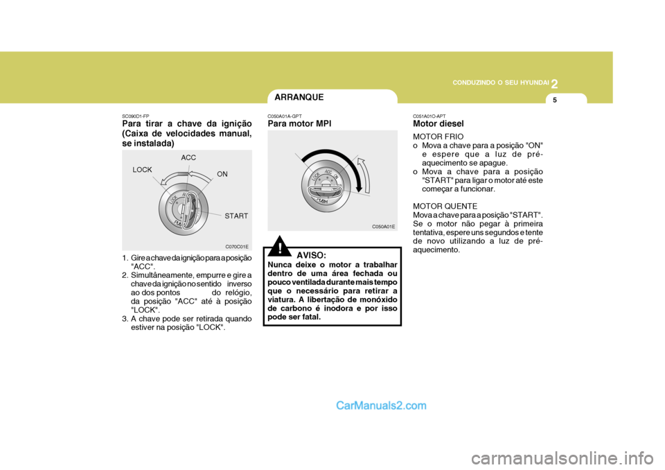 Hyundai Matrix 2007  Manual do proprietário (in Portuguese) 2
 CONDUZINDO O SEU HYUNDAI
5
C070C01E
SC090D1-FP Para tirar a chave da ignição (Caixa de velocidades manual,se instalada) 
1. Gire a chave da ignição para a posição
"ACC".
2. Simultâneamente, 