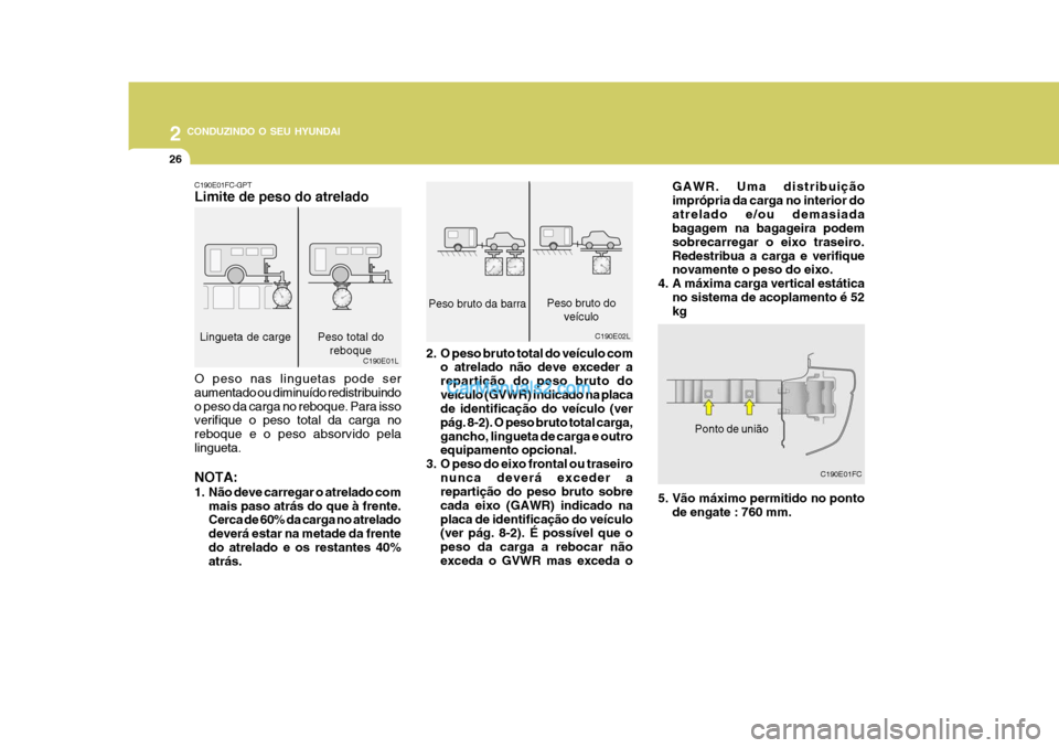 Hyundai Matrix 2007  Manual do proprietário (in Portuguese) 2 CONDUZINDO O SEU HYUNDAI
26
Ponto de união
C190E01FC
GAWR. Uma distribuição imprópria da carga no interior doatrelado e/ou demasiada bagagem na bagageira podem sobrecarregar o eixo traseiro.Rede