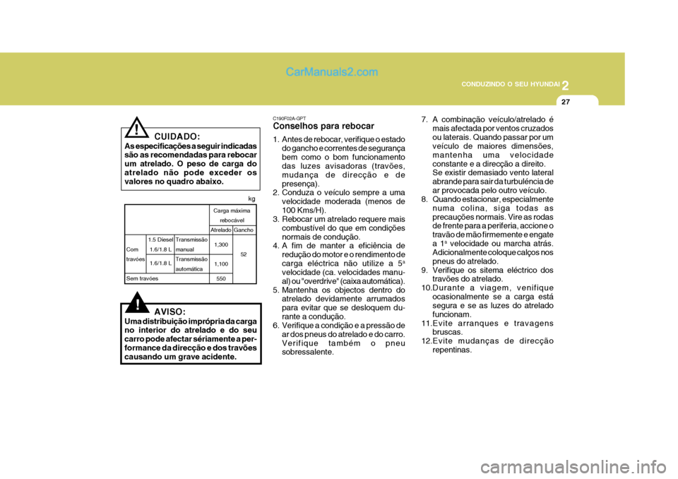 Hyundai Matrix 2007  Manual do proprietário (in Portuguese) 2
 CONDUZINDO O SEU HYUNDAI
27
!AVISO:
Uma distribuição imprópria da carga no interior do atrelado e do seu carro pode afectar sériamente a per-formance da direcção e dos travões causando um gr