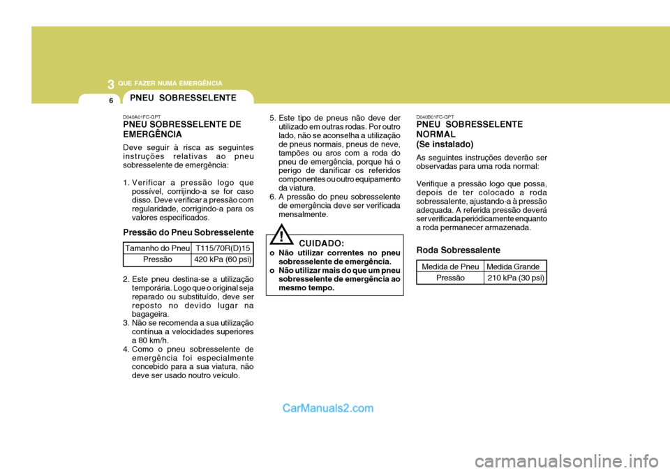 Hyundai Matrix 2007  Manual do proprietário (in Portuguese) 3 QUE FAZER NUMA EMERGÊNCIA
6PNEU SOBRESSELENTE
D040A01FC-GPT PNEU SOBRESSELENTE DE EMERGÊNCIA Deve seguir à risca as seguintes instruções relativas ao pneusobresselente de emergência: 
1. Verif