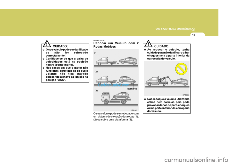 Hyundai Matrix 2007  Manual do proprietário (in Portuguese) 3
QUE FAZER NUMA EMERGÊNCIA
13
!
HFC004
HFC005
(1)
(2)
(3)CUIDADO:
o O seu veículo pode ser danificado se não for rebocado correctamente!
o Certifique-se de que a caixa de
velocidades está na posi