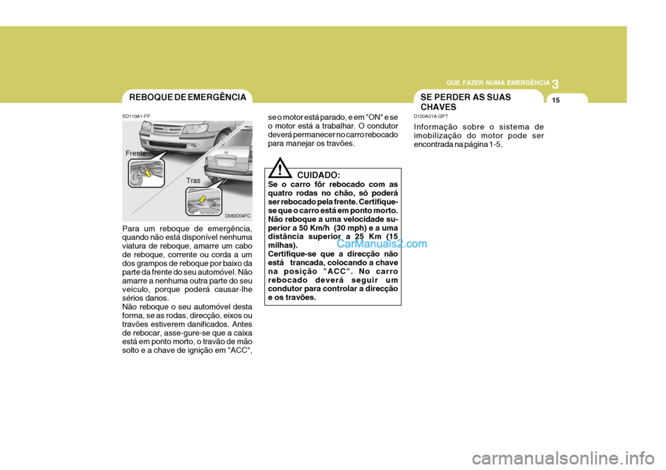 Hyundai Matrix 2007  Manual do proprietário (in Portuguese) 3
QUE FAZER NUMA EMERGÊNCIA
15
!
REBOQUE DE EMERGÊNCIA
SD110A1-FP Para um reboque de emergência, quando não está disponível nenhuma viatura de reboque, amarre um cabode reboque, corrente ou cord