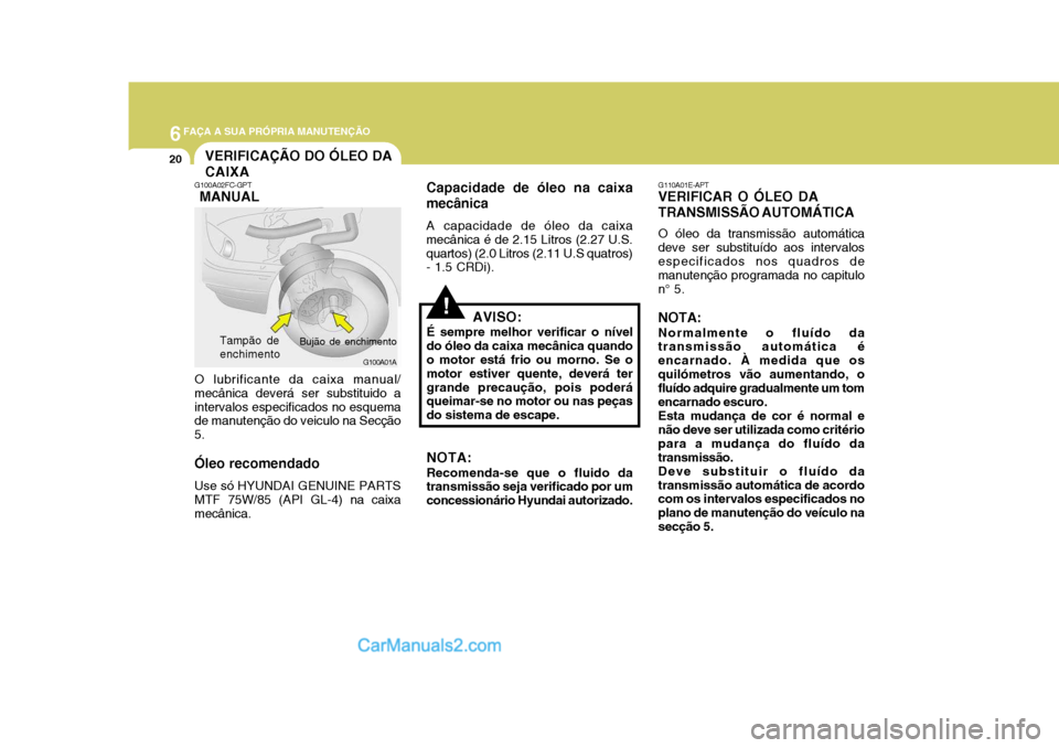 Hyundai Matrix 2007  Manual do proprietário (in Portuguese) 6FAÇA A SUA PRÓPRIA MANUTENÇÃO
20
G110A01E-APT
VERIFICAR O ÓLEO DA TRANSMISSÃO AUTOMÁTICA
O óleo da transmissão automática
deve ser substituído aos intervalos especificados nos quadros de m