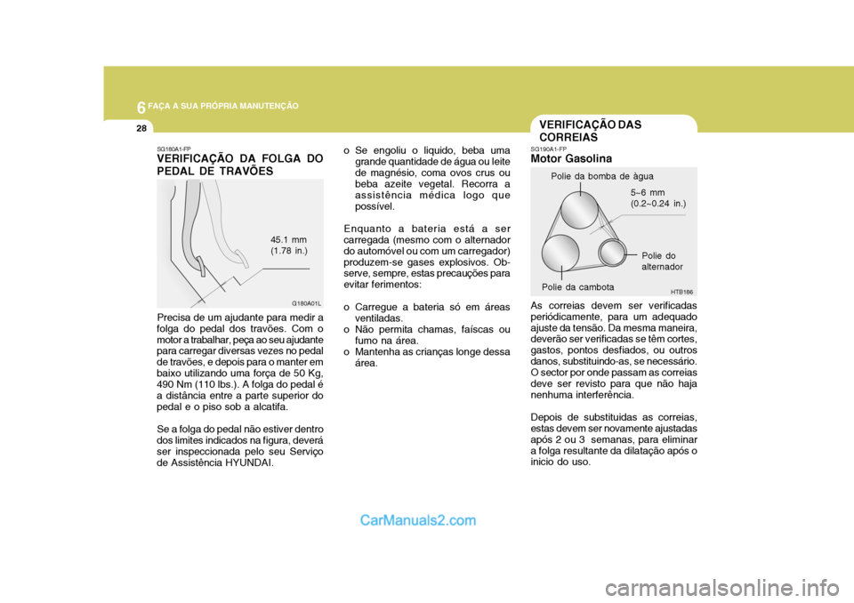 Hyundai Matrix 2007  Manual do proprietário (in Portuguese) 6FAÇA A SUA PRÓPRIA MANUTENÇÃO
28
5~6 mm (0.2~0.24 in.)
HTB186
SG190A1-FP
Motor Gasolina As correias devem ser verificadas periódicamente, para um adequadoajuste da tensão. Da mesma maneira, dev