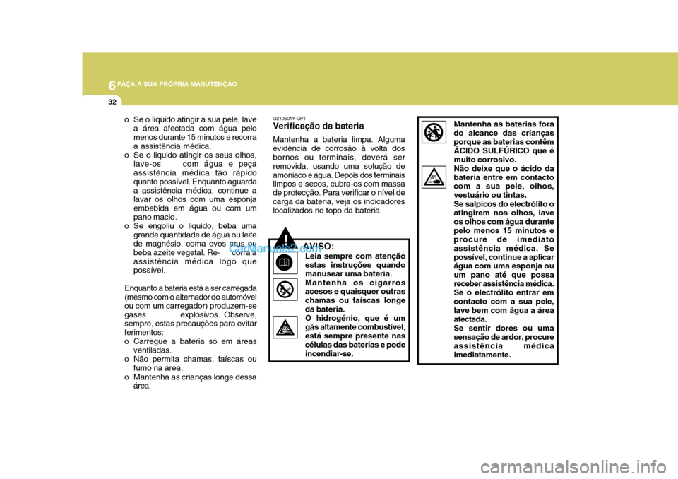 Hyundai Matrix 2007  Manual do proprietário (in Portuguese) 6FAÇA A SUA PRÓPRIA MANUTENÇÃO
32
o Se o liquido atingir a sua pele, lavea área afectada com água pelo menos durante 15 minutos e recorra a assistência médica.
o Se o liquido atingir os seus o