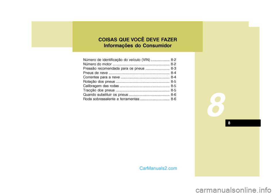 Hyundai Matrix 2007  Manual do proprietário (in Portuguese) 8
COISAS QUE VOCÊ DEVE FAZERInformações do Consumidor
8
Número de identificação do veículo (VIN) ................... 8-2 
Número do motor ......................................................