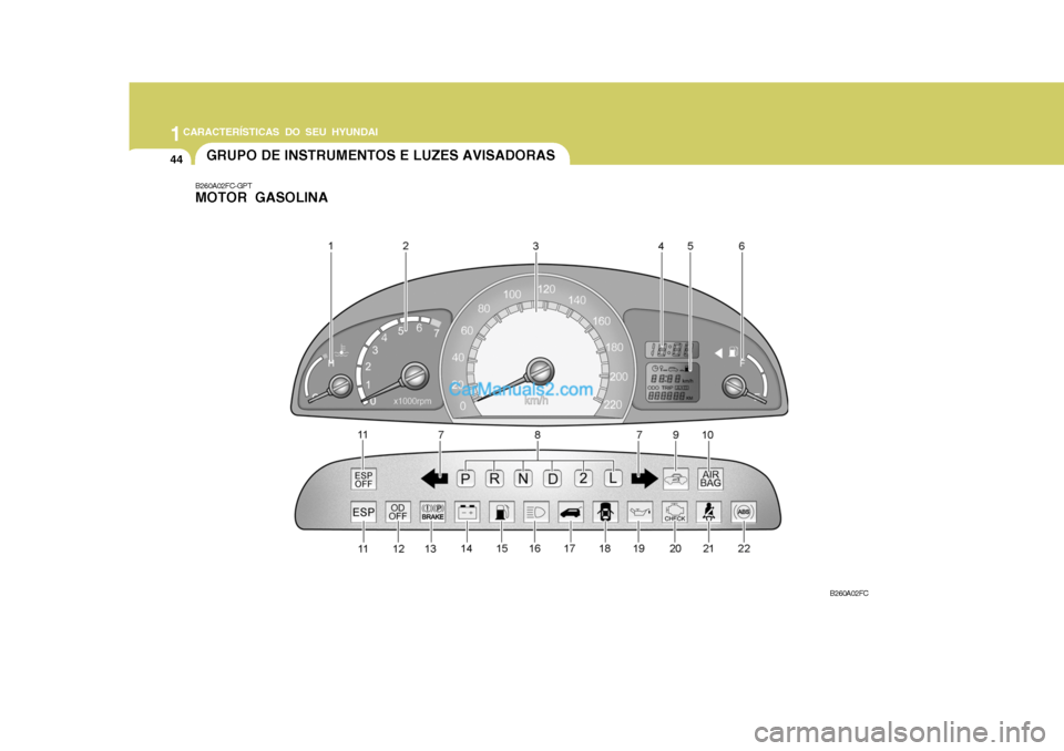 Hyundai Matrix 2007  Manual do proprietário (in Portuguese) 1CARACTERÍSTICAS DO SEU HYUNDAI
44GRUPO DE INSTRUMENTOS E LUZES AVISADORAS
B260A02FC-GPT MOTOR GASOLINA
B260A02FC   