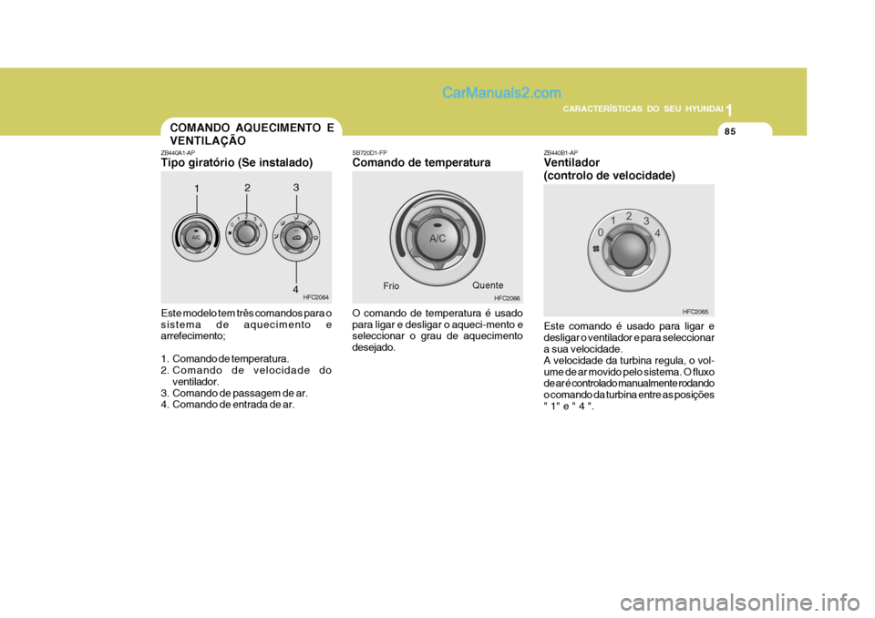 Hyundai Matrix 2007  Manual do proprietário (in Portuguese) 85
1
CARACTERÍSTICAS DO SEU HYUNDAI
85858585
ZB440A1-AP Tipo giratório (Se instalado) Este modelo tem três comandos para o sistema de aquecimento e arrefecimento; 
1. Comando de temperatura. 
2. Co