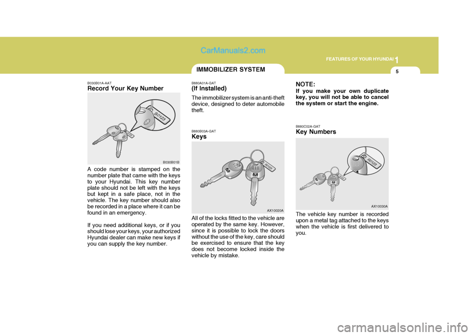 Hyundai Matrix 2005 Owners Manual 1
FEATURES OF YOUR HYUNDAI
5IMMOBILIZER SYSTEM
B030B01B B880A01A-GAT (If Installed) The immobilizer system is an anti-theft device, designed to deter automobiletheft.
B030B01A-AAT Record Your Key Numb Hyundai Matrix 2005 Owners Manual 1
FEATURES OF YOUR HYUNDAI
5IMMOBILIZER SYSTEM
B030B01B B880A01A-GAT (If Installed) The immobilizer system is an anti-theft device, designed to deter automobiletheft.
B030B01A-AAT Record Your Key Numb