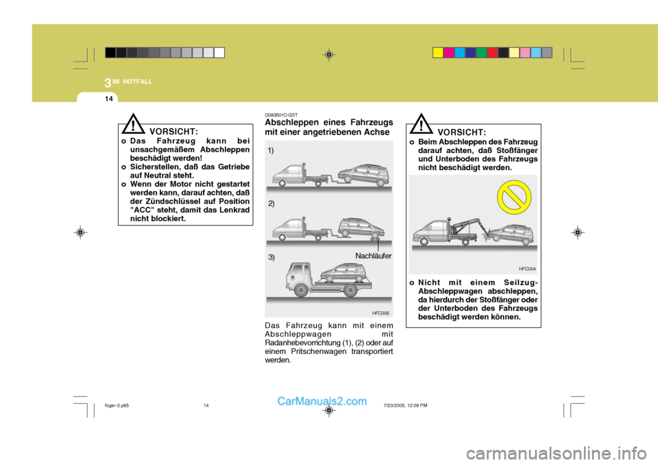 Hyundai Matrix 2005  Betriebsanleitung (in German) 3IM NOTFALL
14
!
VORSICHT:
o Das Fahrzeug kann bei unsachgemäßem Abschleppen beschädigt werden!
o Sicherstellen, daß das Getriebe auf Neutral steht.
o Wenn der Motor nicht gestartet werden kann, d