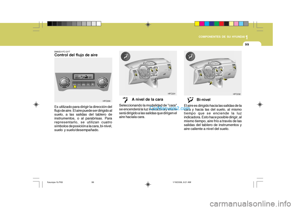 Hyundai Matrix 2005  Manual del propietario (in Spanish) 1
COMPONENTES DE SU HYUNDAI
99
B980E01FC-GYT Control del flujo de aire Es utilizado para dirigir la dirección del flujo de aire. El aire puede ser dirigido al suelo, a las salidas del tablero deinstr