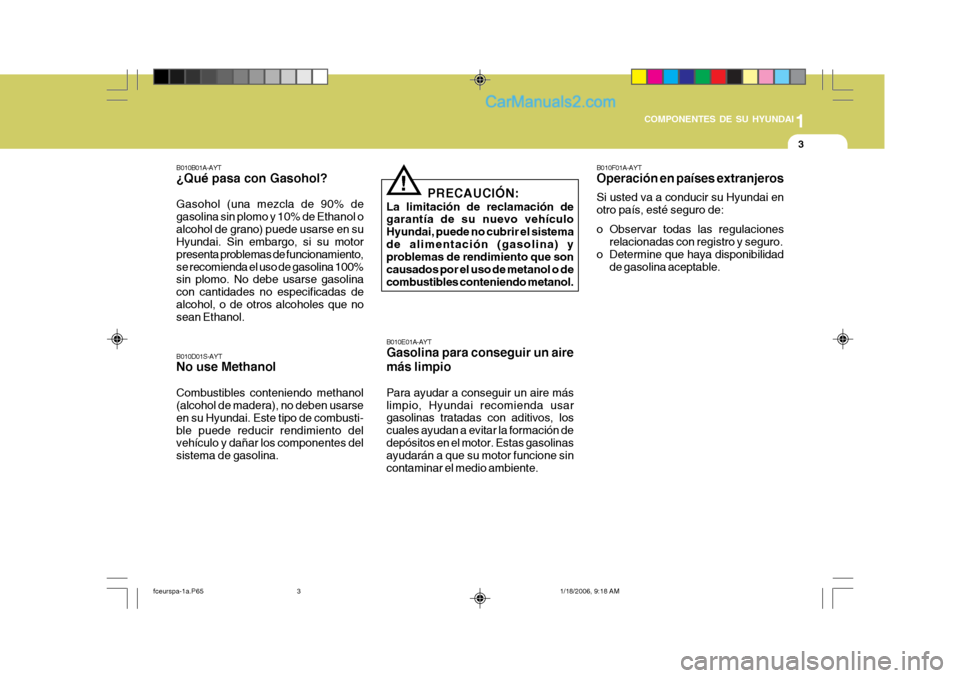 Hyundai Matrix 2005  Manual del propietario (in Spanish) 1
COMPONENTES DE SU HYUNDAI
3
B010D01S-AYT No use Methanol Combustibles conteniendo methanol (alcohol de madera), no deben usarse en su Hyundai. Este tipo de combusti-ble puede reducir rendimiento del