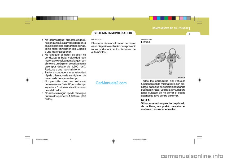 Hyundai Matrix 2005  Manual del propietario (in Spanish) 1
COMPONENTES DE SU HYUNDAI
5
o No "sobrecargue" el motor, es decir, no conduzca a baja velocidad con la caja de cambios en marchas cortas, con el motor en régimen alto. Cambie a una marcha superior.