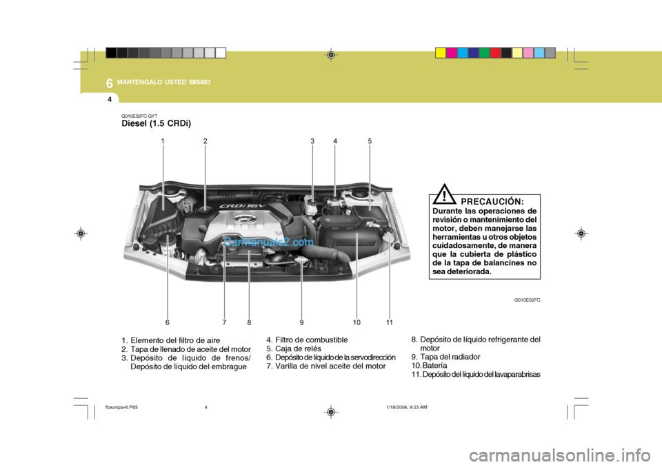 Hyundai Matrix 2005  Manual del propietario (in Spanish) 6 MANTENGALO USTED MISMO
4
1. Elemento del filtro de aire 
2. Tapa de llenado de aceite del motor 
3. Depósito de líquido de frenos/Depósito de líquido del embrague 4. Filtro de combustible 
5. Ca