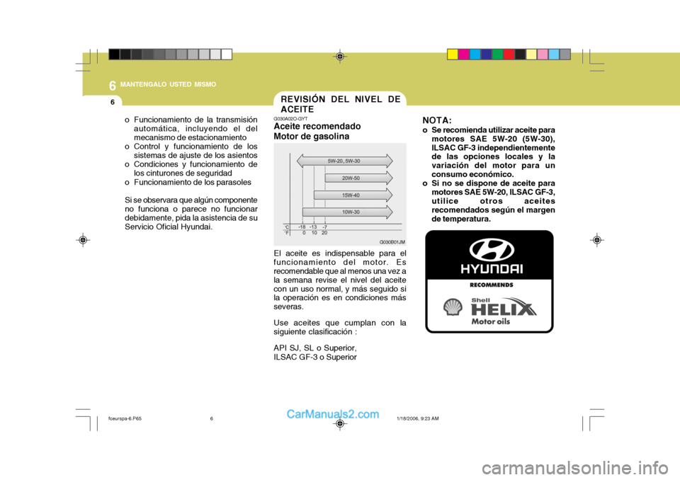 Hyundai Matrix 2005  Manual del propietario (in Spanish) 6 MANTENGALO USTED MISMO
6
o Funcionamiento de la transmisión
automática, incluyendo el del mecanismo de estacionamiento
o Control y funcionamiento de los
sistemas de ajuste de los asientos
o Condic