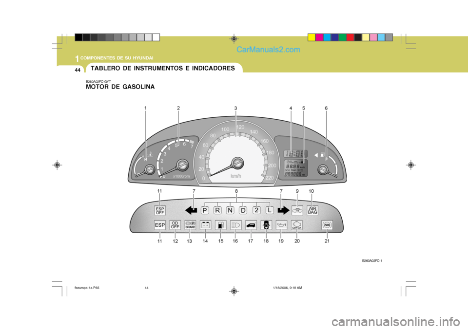 Hyundai Matrix 2005  Manual del propietario (in Spanish) 1COMPONENTES DE SU HYUNDAI
44TABLERO DE INSTRUMENTOS E INDICADORES
B260A02FC-GYT MOTOR DE GASOLINA
B260A02FC-1
fceurspa-1a.P651/18/2006, 9:18 AM
44   