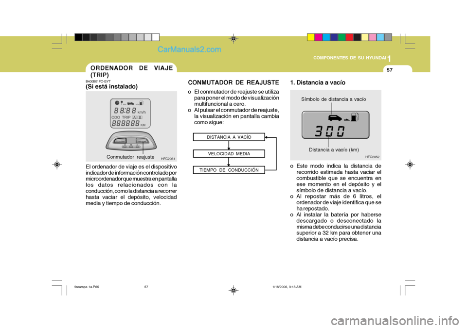 Hyundai Matrix 2005  Manual del propietario (in Spanish) 1
COMPONENTES DE SU HYUNDAI
57ORDENADOR DE VIAJE (TRIP)
B400B01FC-GYT 
(Si está instalado) El ordenador de viaje es el dispositivo indicador de información controlado por microordenador que muestra 
