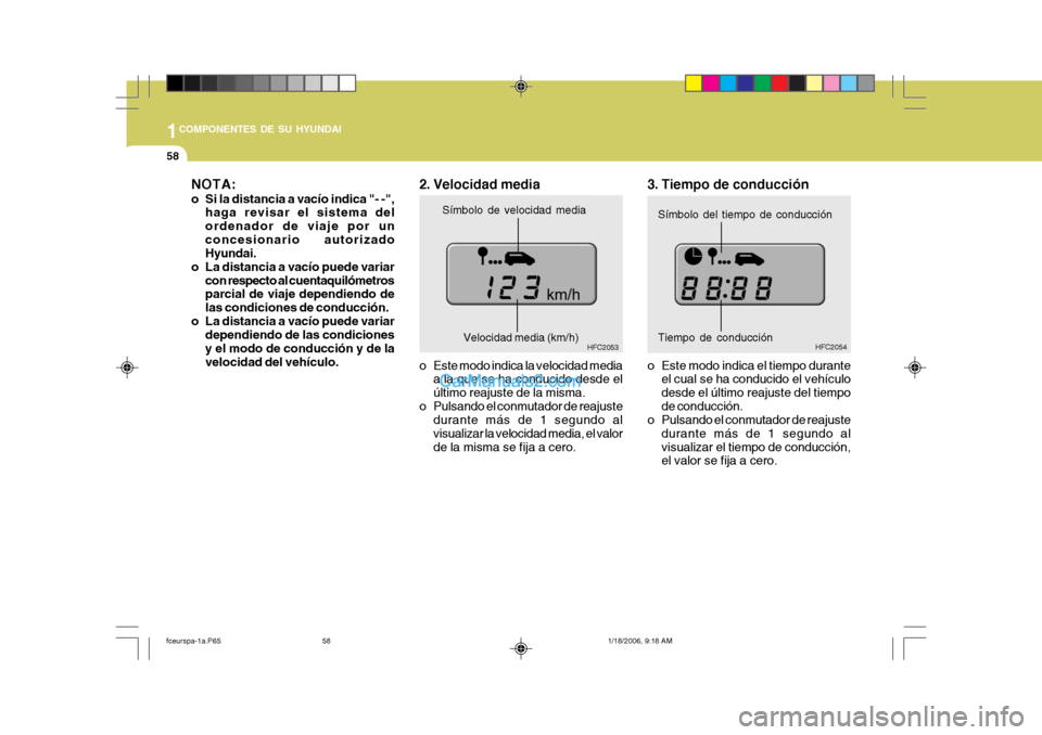 Hyundai Matrix 2005  Manual del propietario (in Spanish) 1COMPONENTES DE SU HYUNDAI
58
HFC2054
Símbolo de velocidad media
HFC2053Símbolo del tiempo de conducción
Velocidad media (km/h) Tiempo de conducción
NOTA: 
o Si la distancia a vacío indica "- -",