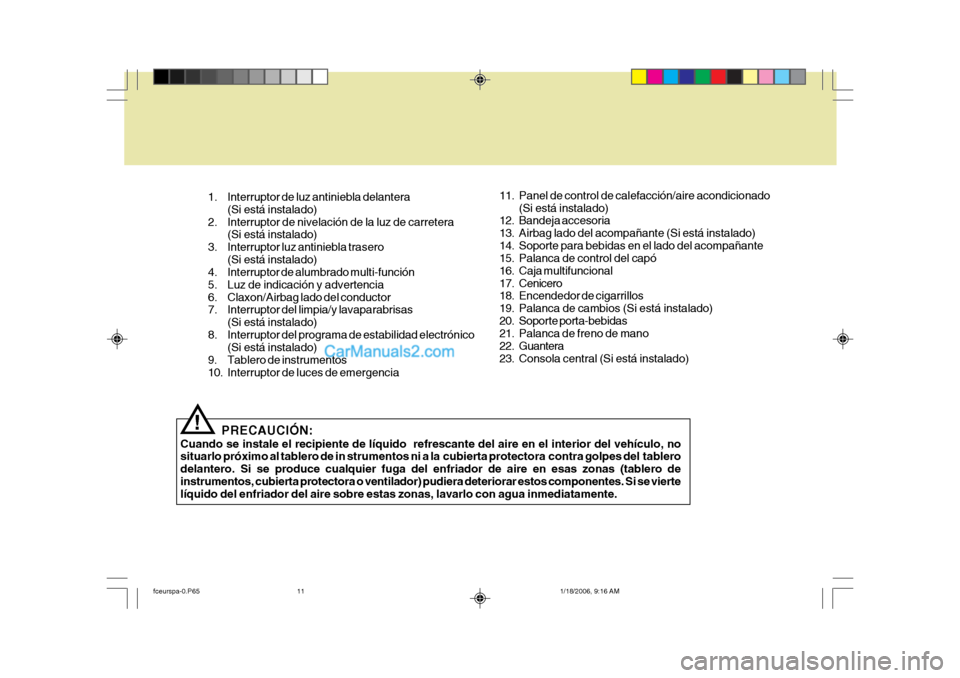 Hyundai Matrix 2005  Manual del propietario (in Spanish) 11. Panel de control de calefacción/aire acondicionado(Si está instalado)
12. Bandeja accesoria 
13. Airbag lado del acompañante (Si está instalado)
14. Soporte para bebidas en el lado del acompa