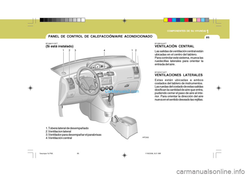 Hyundai Matrix 2005  Manual del propietario (in Spanish) 1
COMPONENTES DE SU HYUNDAI
85PANEL DE CONTROL DE CALEFACCIÓN/AIRE ACONDICIONADO
B710A01Y-GYT (Si está instalado)
HFC002
1.Tobera lateral de desempañado 
2.Ventilacion lateral 
3.Ventilador para de