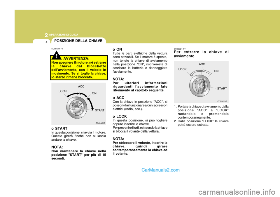 Hyundai Matrix 2005 Manuale del proprietario (in Italian) 2 OPERAZIONI DI GUIDA
4
!
POSIZIONE DELLA CHIAVE
SC050A1-FT
AVVERTENZA:
Non spegnere il motore, né estrarre la chiave dal blocchetto dell’avviamento, con il veicolo in movimento. Se si toglie la ch Hyundai Matrix 2005 Manuale del proprietario (in Italian) 2 OPERAZIONI DI GUIDA
4
!
POSIZIONE DELLA CHIAVE
SC050A1-FT
AVVERTENZA:
Non spegnere il motore, né estrarre la chiave dal blocchetto dell’avviamento, con il veicolo in movimento. Se si toglie la ch