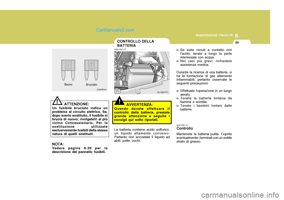 Hyundai Matrix 2005  Manuale del proprietario (in Italian) 6
MANUTENZIONE "FAI-DA-TE"
29
!
CONTROLLO DELLA BATTERIA
!
ATTENZIONE:
Un fusibile bruciato indica un problema al circuito elettrico. Se,dopo averlo sostituito, il fusibile si brucia di nuovo, rivolge
