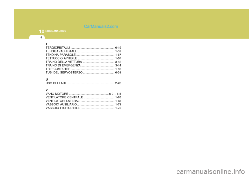 Hyundai Matrix 2005  Manuale del proprietario (in Italian) 10INDICE ANALITICO
6
T TERGICRISTALLI ..................................................... 6-19
TERGILAVACRISTALLI ............................................ 1-59
TENDINA PARASOLE .................