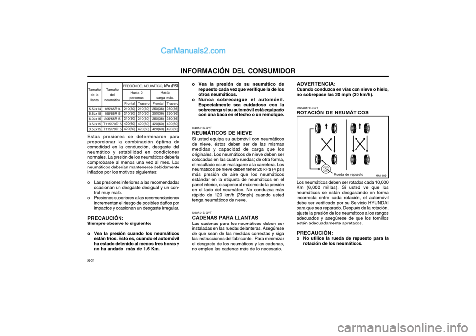 Hyundai Matrix 2004  Manual del propietario (in Spanish) INFORMACIÓN DEL CONSUMIDOR
8-2
Estas presiones se determinaron para proporcionar la combinación óptima decomodidad en la conducción, desgaste delneumático y estabilidad en condicionesnormales. La