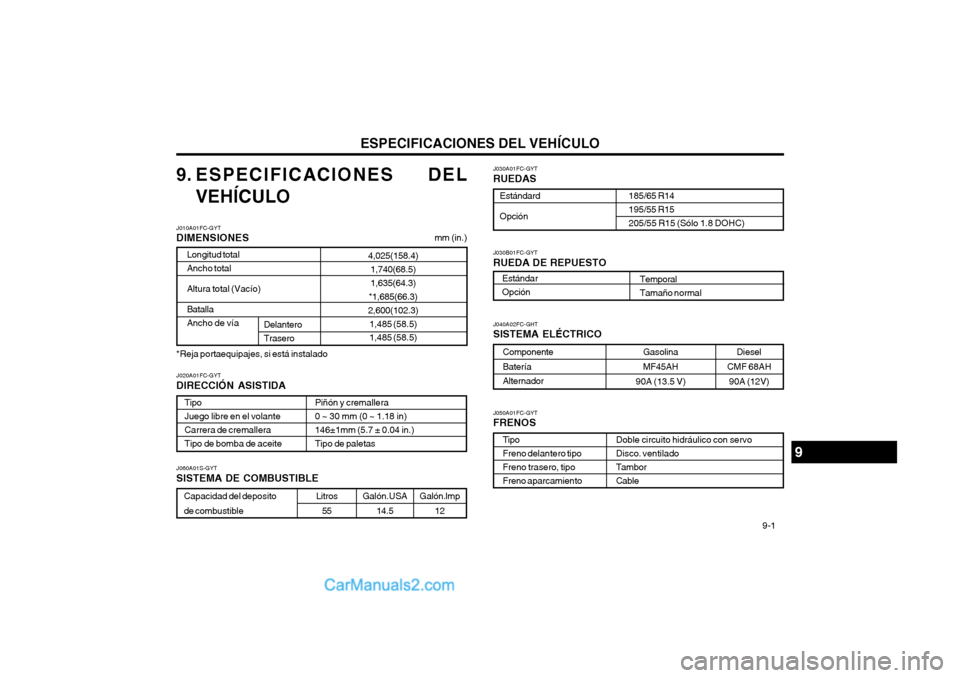 Hyundai Matrix 2004  Manual del propietario (in Spanish) ESPECIFICACIONES DEL VEHÍCULO  9-1
Diesel
CMF 68AH 90A (12V)
9. ESPECIFICACIONES DEL
VEHÍCULO J030A01FC-GYT RUEDAS
Estándard Opción
185/65 R14 195/55 R15205/55 R15 (Sólo 1.8 DOHC)
J010A01FC-GYT D