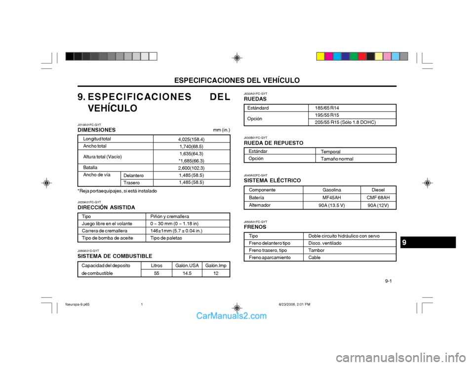 Hyundai Matrix 2003 Manual del propietario (in Spanish) ESPECIFICACIONES DEL VEHÍCULO 9-1
Diesel
CMF 68AH 90A (12V)
9. ESPECIFICACIONES DEL
VEHÍCULO J030A01FC-GYT RUEDAS
Estándard Opción
185/65 R14 195/55 R15205/55 R15 (Sólo 1.8 DOHC)
J010A01FC-GYT D Hyundai Matrix 2003 Manual del propietario (in Spanish) ESPECIFICACIONES DEL VEHÍCULO 9-1
Diesel
CMF 68AH 90A (12V)
9. ESPECIFICACIONES DEL
VEHÍCULO J030A01FC-GYT RUEDAS
Estándard Opción
185/65 R14 195/55 R15205/55 R15 (Sólo 1.8 DOHC)
J010A01FC-GYT D