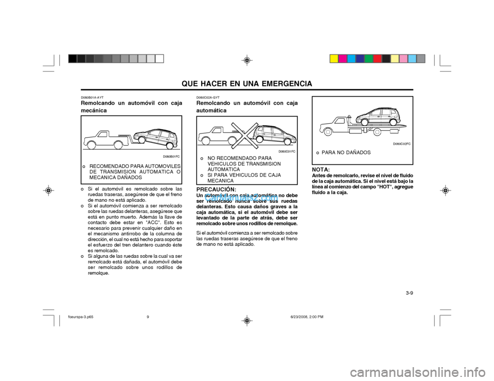 Hyundai Matrix 2003 Manual del propietario (in Spanish) QUE HACER EN UNA EMERGENCIA 3-9
D080C02A-GYT
Remolcando un automóvil con caja automática
NOTA: Antes de remolcarlo, revise el nivel de fluido de la caja automática. Si el nivel está bajo lalínea Hyundai Matrix 2003 Manual del propietario (in Spanish) QUE HACER EN UNA EMERGENCIA 3-9
D080C02A-GYT
Remolcando un automóvil con caja automática
NOTA: Antes de remolcarlo, revise el nivel de fluido de la caja automática. Si el nivel está bajo lalínea