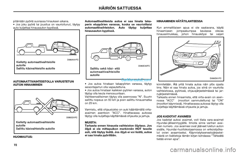 Hyundai Matrix 2002  Omistajan Käsikirja (in Finnish) 72 pitämään pyöriä suorassa hinauksen aikana.
 Jos joku pyörä tai jousitus on vaurioitunut, täytyy 
auto kuljettaa hinausauton kyydissä.o OK FOR AUTOMATIC  OR MANUAL
TRANSAXLE EQUIPPED VEHIC